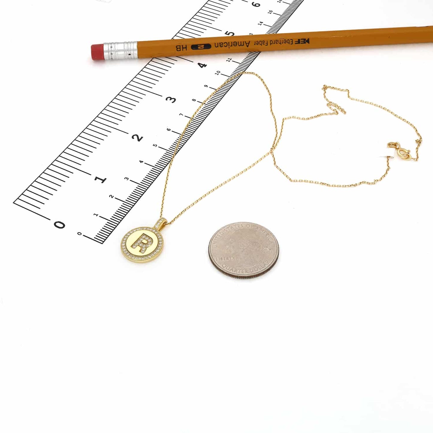 18K Yellow Gold Over Silver CZ Round Initial Pendant Necklace 18"