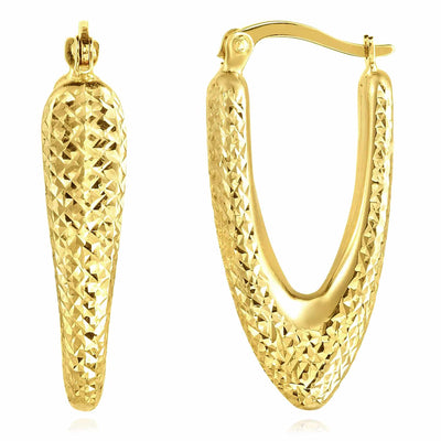 14K Gold Diamond - Cut Puffed V - Shape Hoop Earrings 29mm - WJD Exclusives