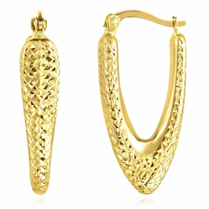 14K Gold Diamond - Cut Puffed V - Shape Hoop Earrings 29mm - WJD Exclusives