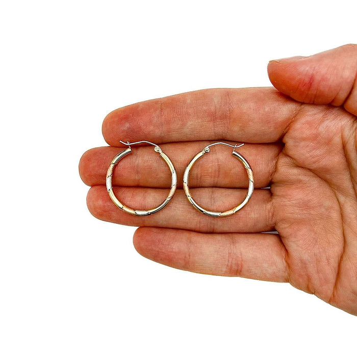 14K Yellow Gold White Rose Tri - Color Satin Hinged Hoop Earrings 22mm - WJD Exclusives