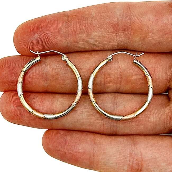 14K Yellow Gold White Rose Tri - Color Satin Hinged Hoop Earrings 22mm - WJD Exclusives