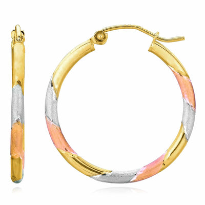 14K Yellow Gold White Rose Tri - Color Satin Hinged Hoop Earrings 22mm - WJD Exclusives
