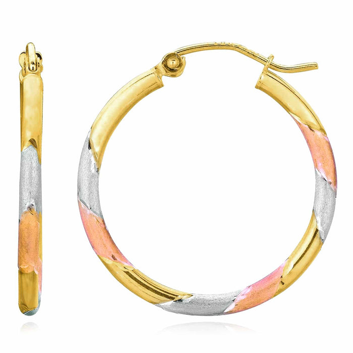 14K Yellow Gold White Rose Tri - Color Satin Hinged Hoop Earrings 22mm - WJD Exclusives