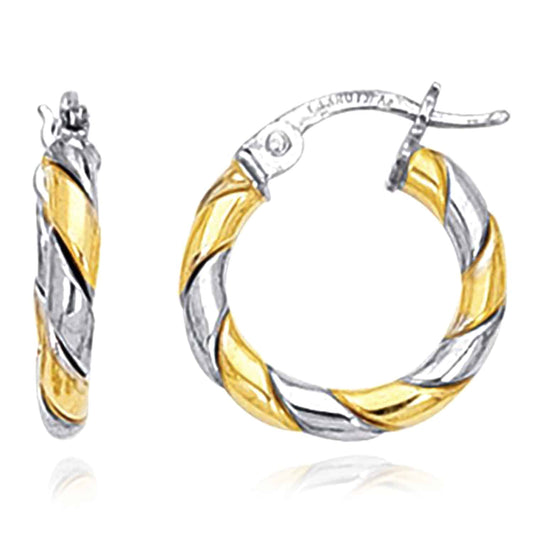 14K Gold Two-Tone Yellow White Twisted Hoop Earrings 15mm
