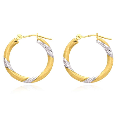 14K Yellow Gold White Two - Tone Diamond - Cut Hoop Earrings 20mm - WJD Exclusives
