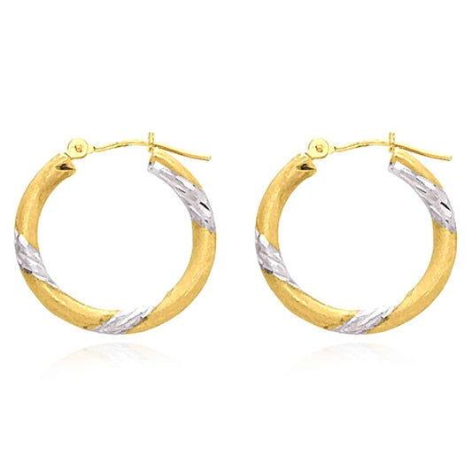 14K Gold Yellow White Two-Tone Diamond-Cut Hoop Earrings 20mm