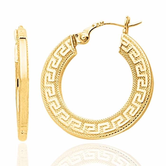14K Gold Textured Greek Key Hoop Earrings 15mm - WJD Exclusives
