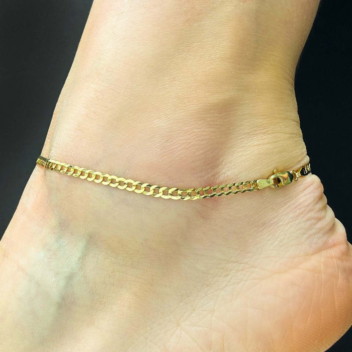 10K Yellow Gold 3mm Cuban Anklet (Solid Links) 10" - WJD Exclusives