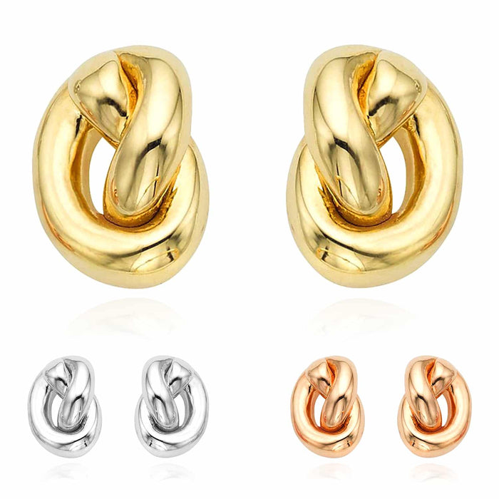 14K Yellow Gold White Rose Puffed Love Knot Push Back Stud Earrings - WJD Exclusives