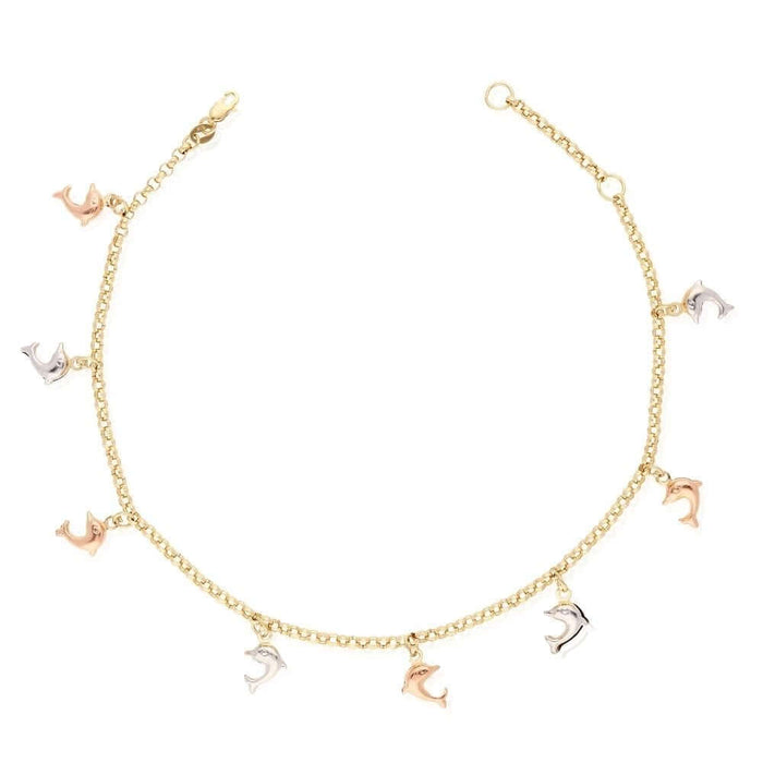 10K Yellow Gold Rolo Tri-Color Dolphin Charm Anklet 9"-10" Adjustable