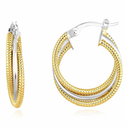 14K Gold Yellow White Two-Tone Triple Row Twist Hoop Earrings 15mm