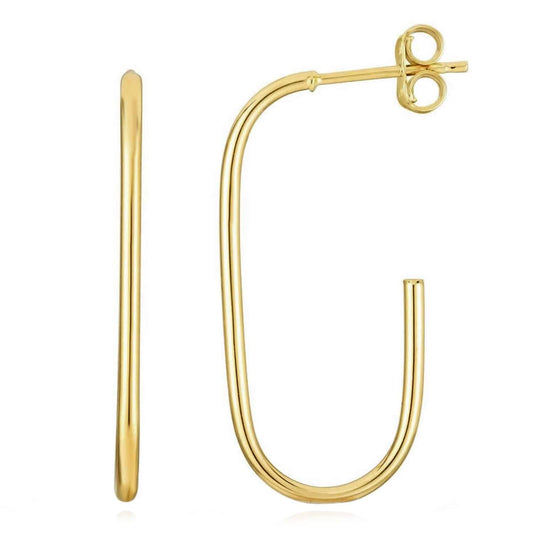 14K Gold Modern J Shape Hoop Push Back Earrings 33mm