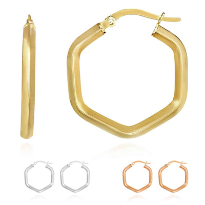 14K Yellow Gold White Rose Hexagon Honeycomb Hoop Hinged Earrings 23mm - WJD Exclusives