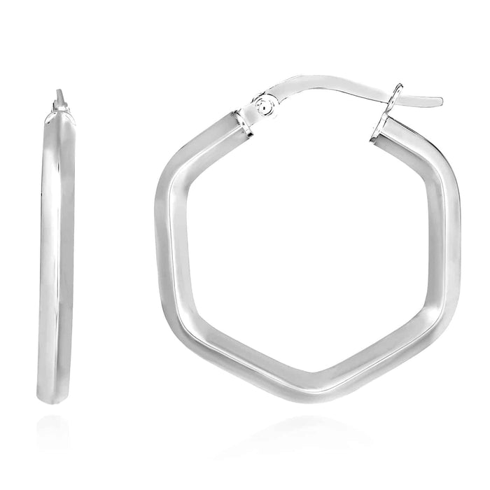 14K Yellow Gold White Rose Hexagon Honeycomb Hoop Hinged Earrings 23mm - WJD Exclusives