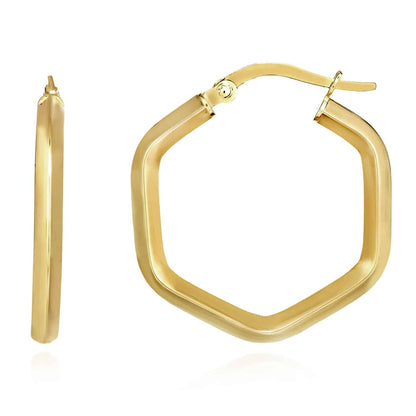 14K Gold Yellow White Rose Hexagon Honeycomb Hoop Hinged Earrings 23mm