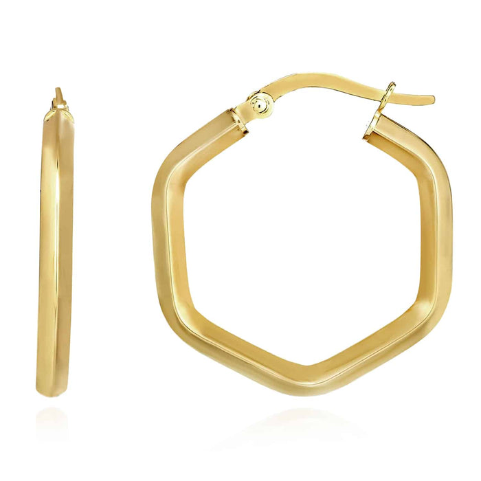 14K Yellow Gold White Rose Hexagon Honeycomb Hoop Hinged Earrings 23mm - WJD Exclusives