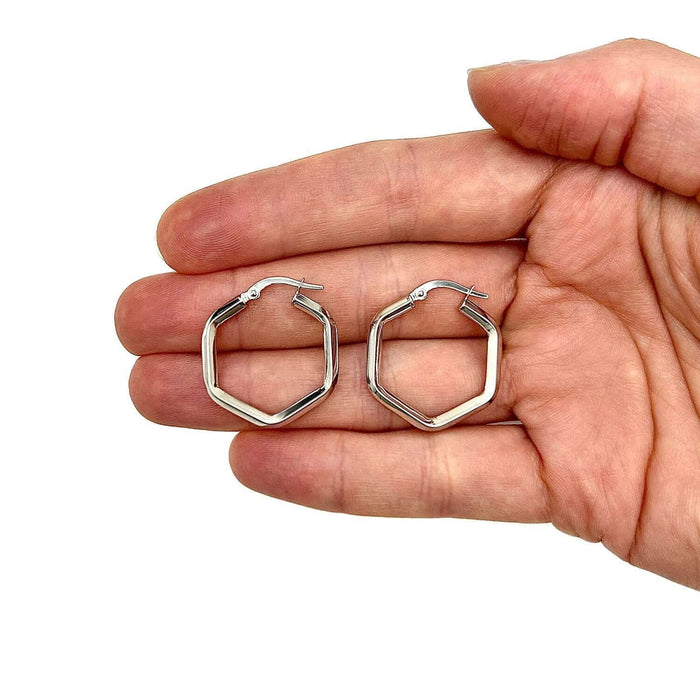 14K Yellow Gold White Rose Hexagon Honeycomb Hoop Hinged Earrings 23mm - WJD Exclusives