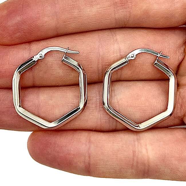 14K Yellow Gold White Rose Hexagon Honeycomb Hoop Hinged Earrings 23mm - WJD Exclusives