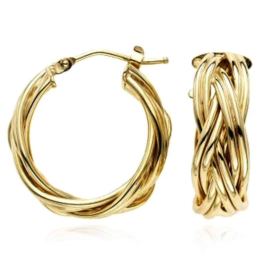 14K Gold 6mm Wide Braided Hoop Earrings 14mm