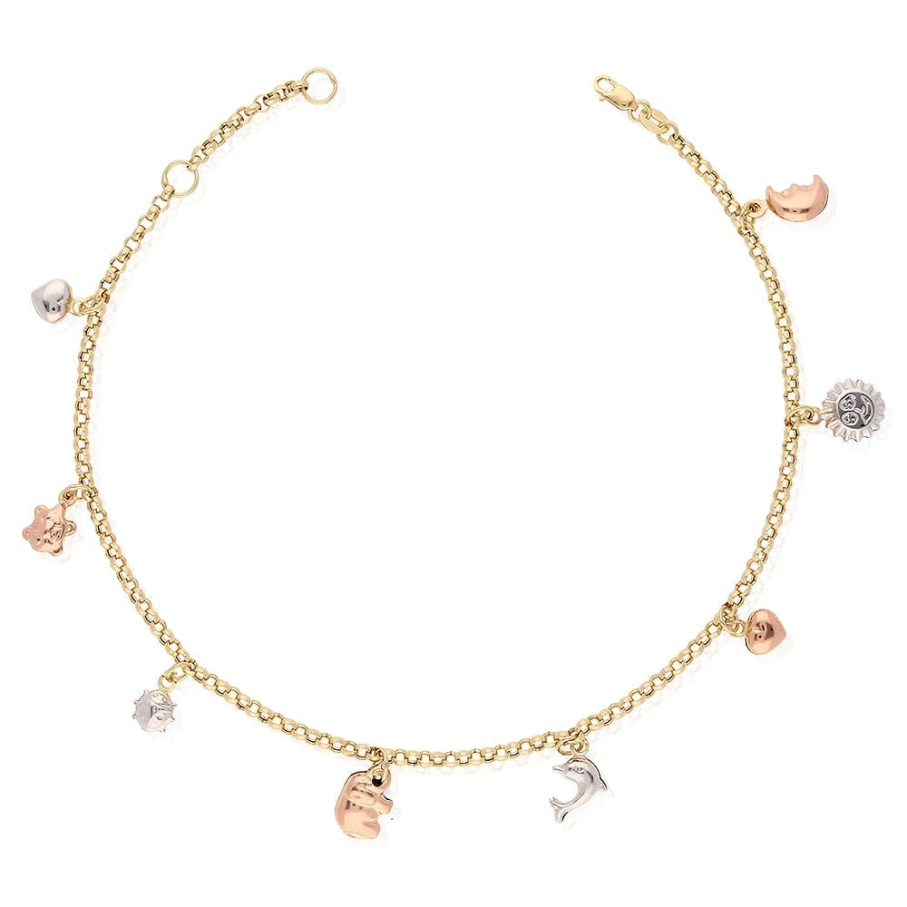 10k Yellow Gold Rolo Anklet Tri-Color Good Luck Charm Ankle Bracelet 9"-10" Adj.