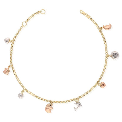 10k Yellow Gold Rolo Anklet Tri-Color Good Luck Charm Ankle Bracelet 9"-10" Adj.