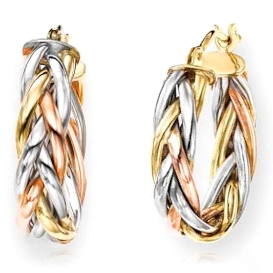 14K Gold Tri-Color Yellow White Rose 5mm Weaved Braided Hoop Earrings 15mm