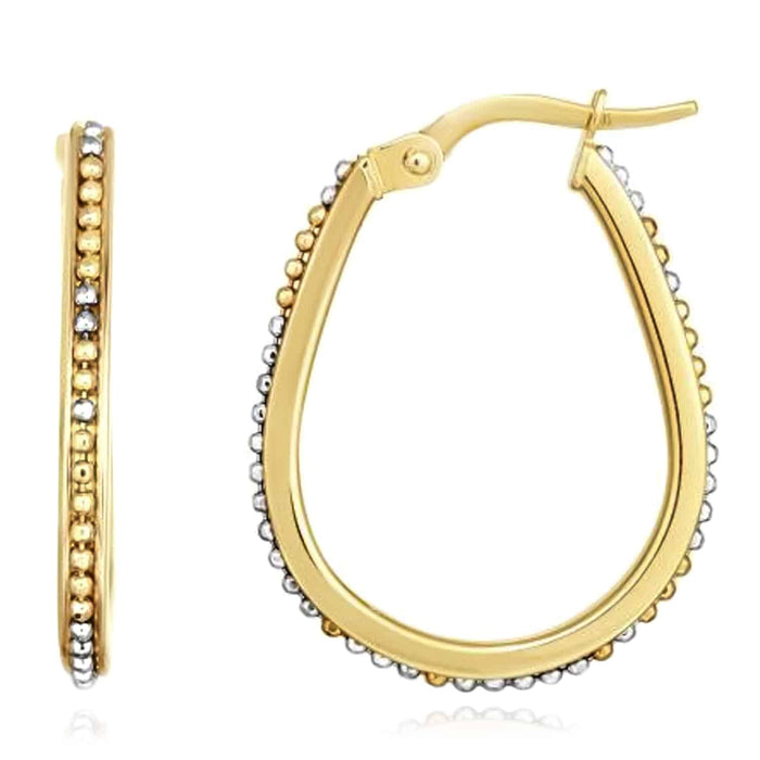 14K Gold Two - Tone Yellow White 2mm Beaded Teardrop Hoop Earrings 24mm - WJD Exclusives