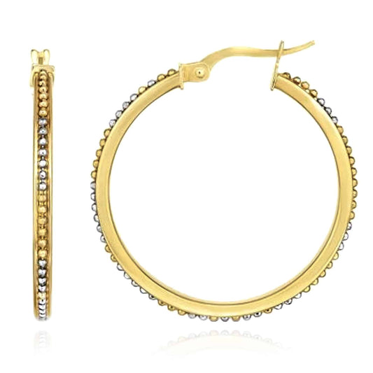 14K Gold Two-Tone Yellow White 2mm Beaded Round Hoop Earrings 26mm