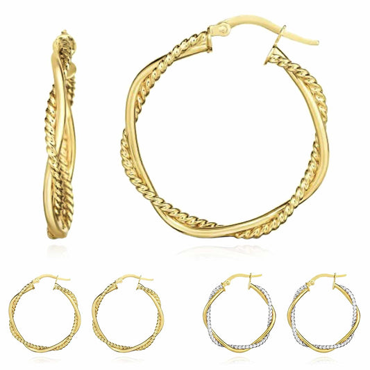 14K Gold Yellow Two-Tone White 3mm Twisted Round Hoop Earrings 25mm