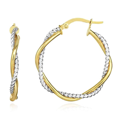 14K Gold Yellow Two-Tone White 3mm Twisted Round Hoop Earrings 25mm