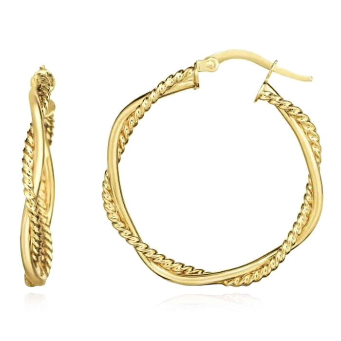 14K Yellow Gold Two - Tone White 3mm Twisted Round Hoop Earrings 25mm - WJD Exclusives