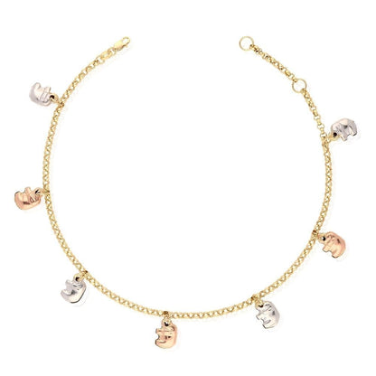 10k Tri-Color Yellow Gold Rolo Anklet Elephant Charm Ankle Bracelet 9" 10" Adj.