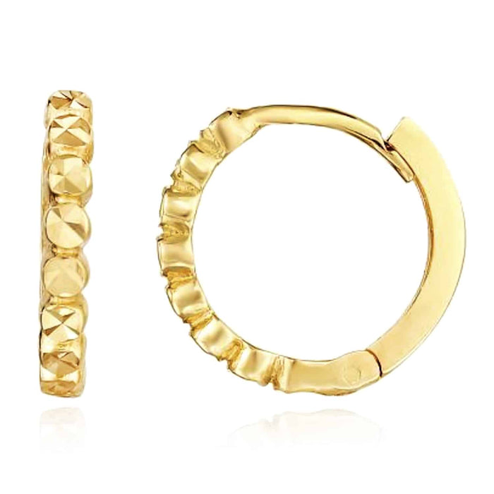 14K Yellow Gold White Rose Diamond - Cut Round Huggie Hoop Earrings 12mm - WJD Exclusives