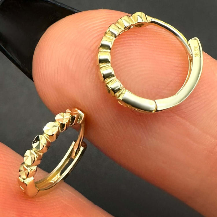 14K Yellow Gold White Rose Diamond - Cut Round Huggie Hoop Earrings 12mm - WJD Exclusives