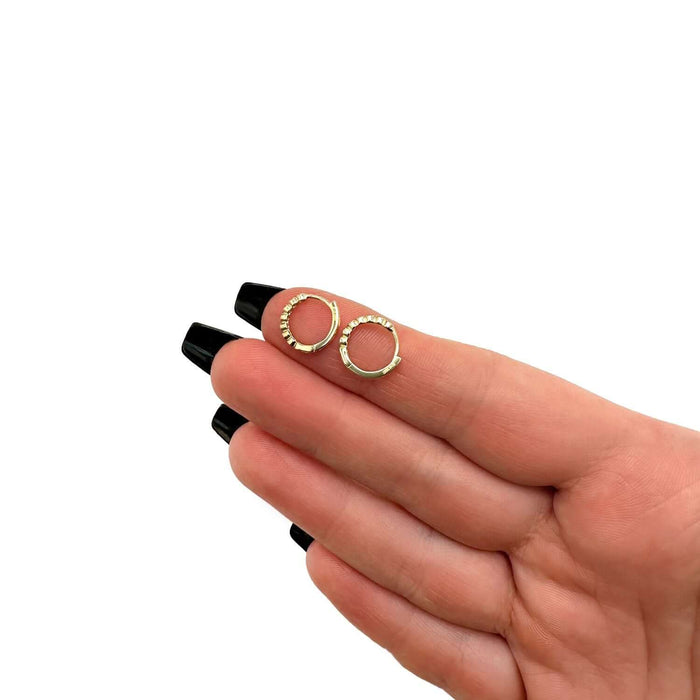 14K Yellow Gold White Rose Diamond - Cut Round Huggie Hoop Earrings 12mm - WJD Exclusives