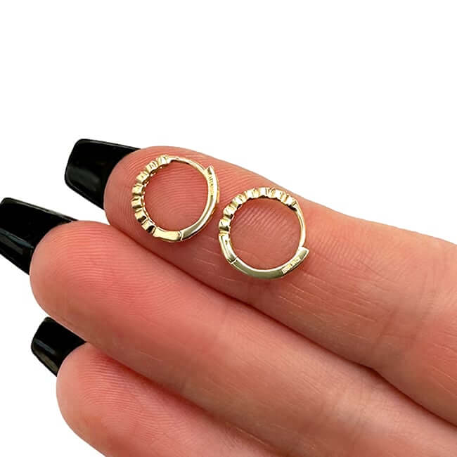 14K Yellow Gold White Rose Diamond - Cut Round Huggie Hoop Earrings 12mm - WJD Exclusives