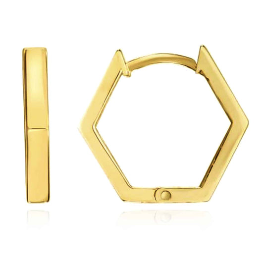 14K Gold Hexagon Honeycomb Huggie Hoop Earrings 13mm