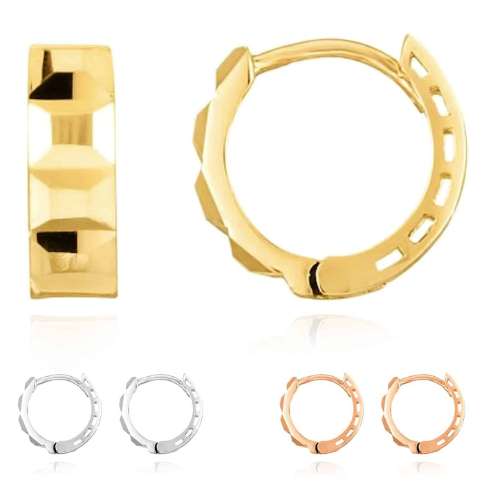 14K Yellow Gold White Rose Faceted Huggie Hoop Earrings 12mm - WJD Exclusives