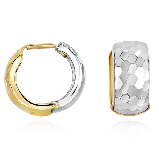 14K Gold Yellow White 2-Tone 7.5mm Hammered Huggie Hoop Reversible Earrings 16mm