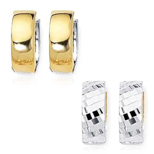 14K Gold Yellow White 2Tone 5mm Diamond-Cut Huggie Hoop Reversible Earrings 15mm