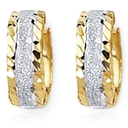 14K Gold Yellow White Center Stripe Diamond-Cut Huggie Hoop Earrings 15mm