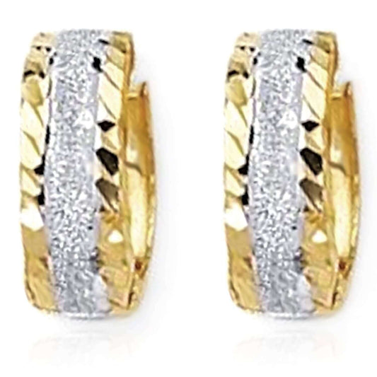 14K Gold Yellow White Center Stripe Diamond-Cut Huggie Hoop Earrings 15mm