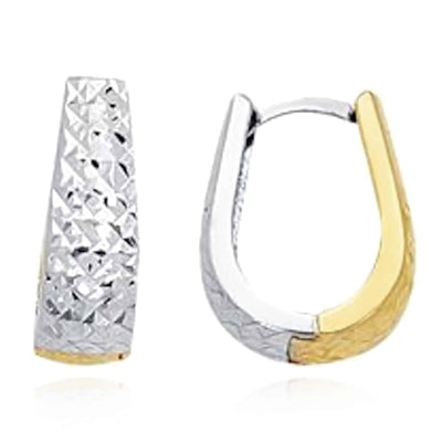 14K Gold Two - Tone Yellow White Diamond - Cut Huggie Reversible Earrings 20mm - WJD Exclusives
