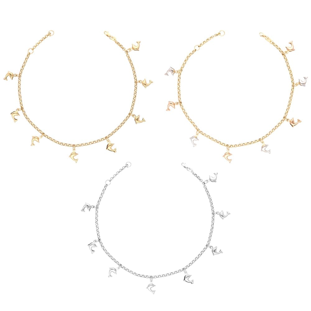 14k Yellow Gold White Gold Tri-Color Gold Dolphin Charm Anklet Bracelet 9" 10"