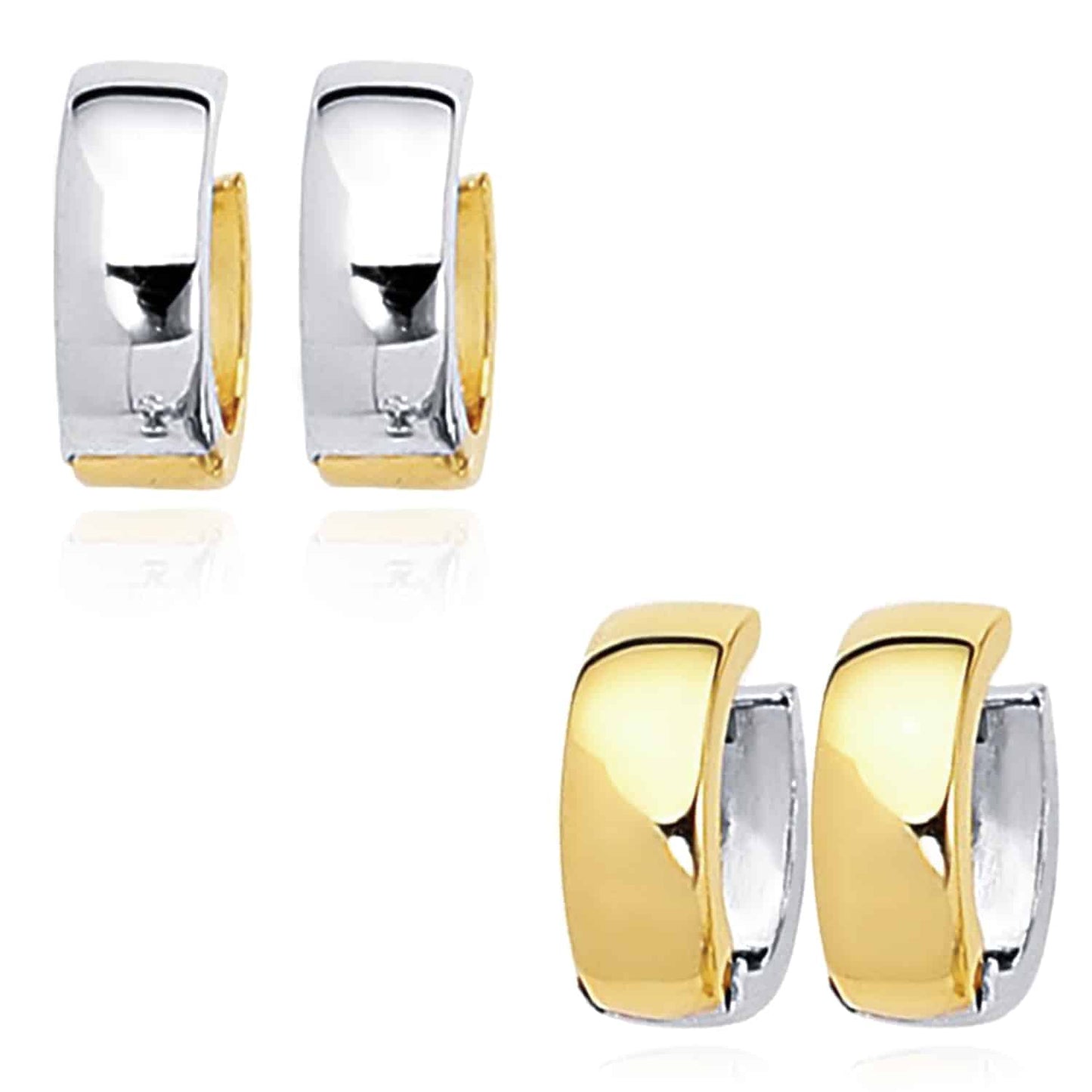 14K Gold Two-Tone Yellow White Huggie Hoop Reversible Earrings 15mm
