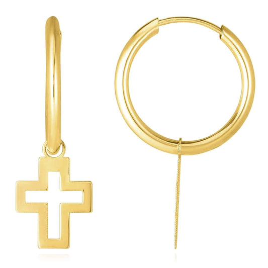 14K Gold  Open Hoop Cross Earrings 26mm