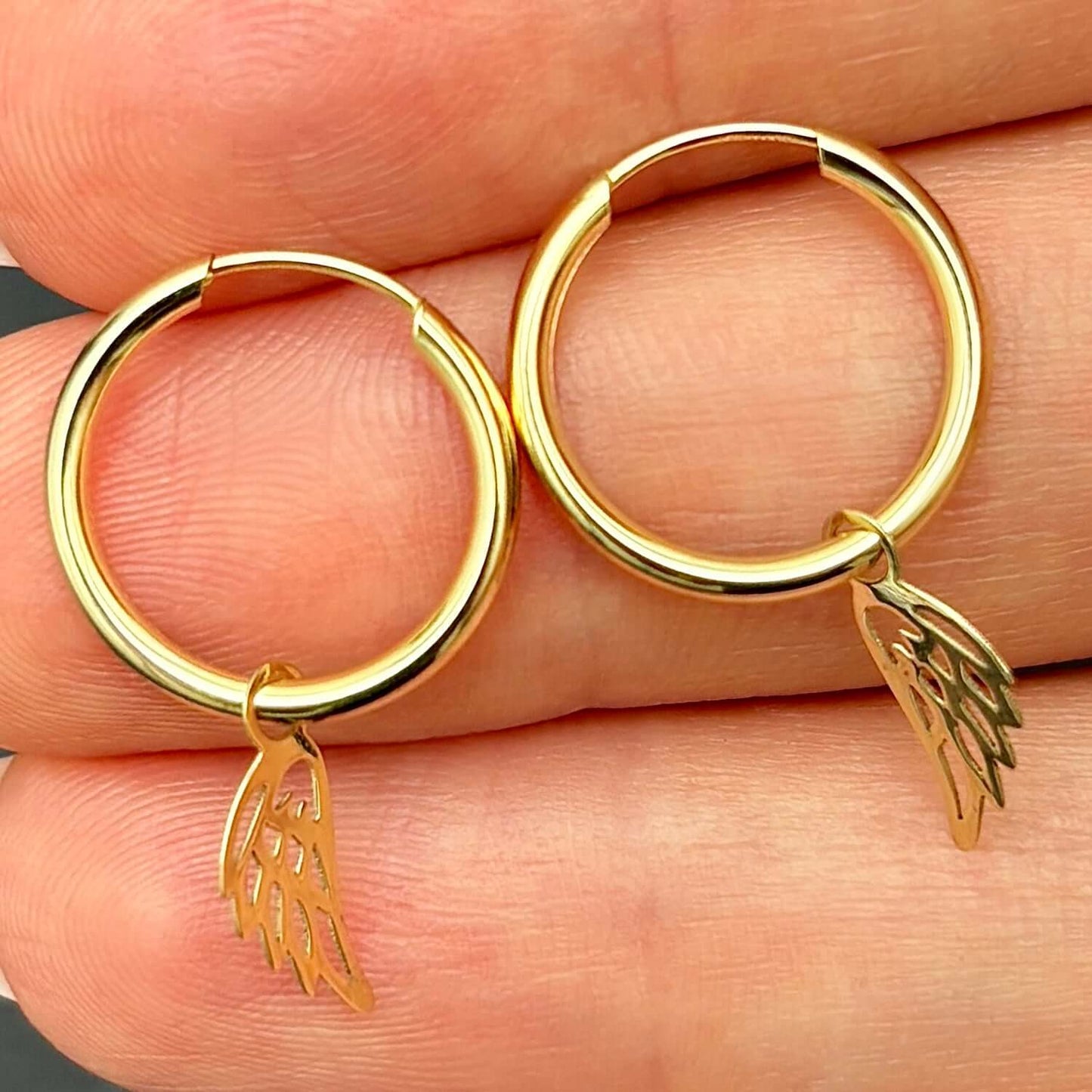 14K Gold Angel Wing  Huggie Hoop Earrings 29mm