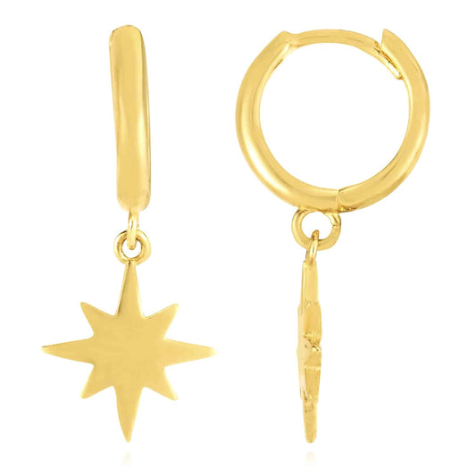14K Gold North Star  Huggie Hoop Earrings 11mm