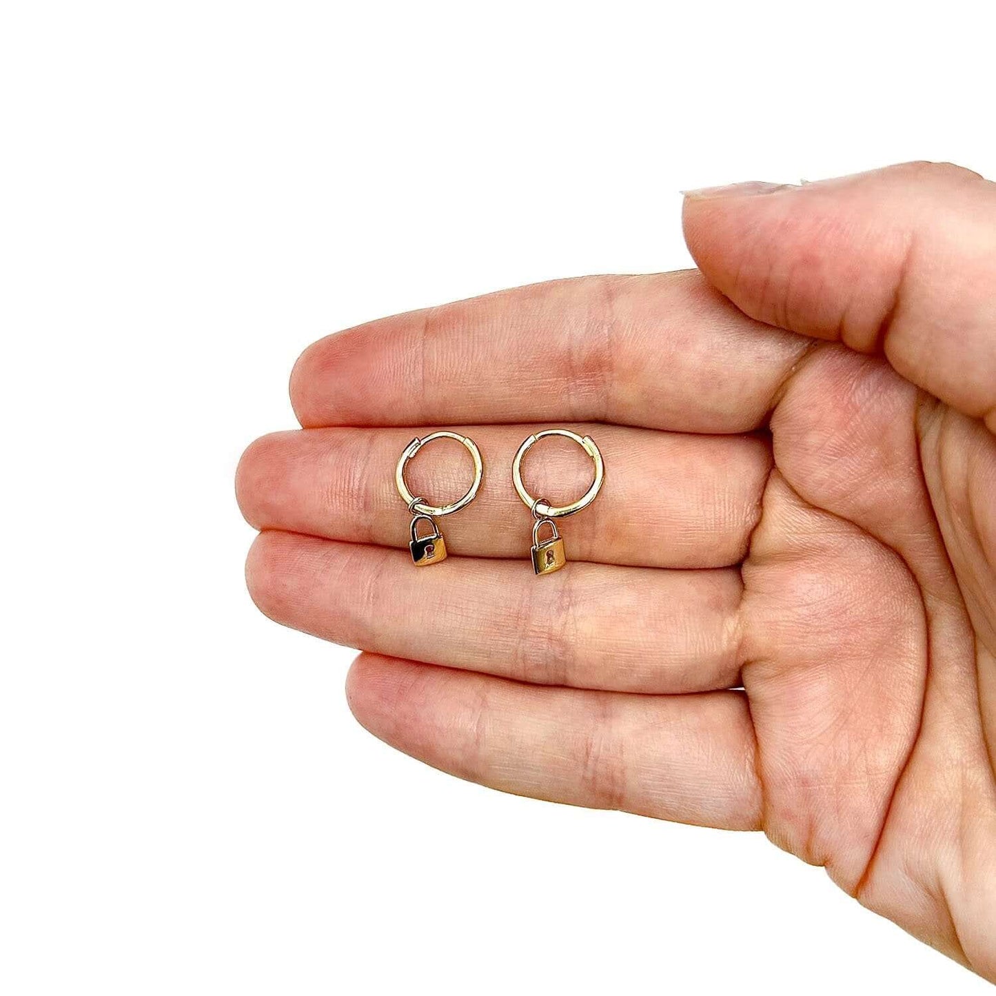 14K Gold Lock Charm Drop  Huggie Hoop Earrings 4.5mm