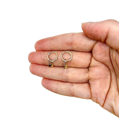 14K Gold Lock Charm Drop  Huggie Hoop Earrings 4.5mm